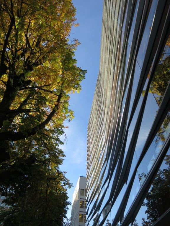 Den brutte fasaden fanger opp elementer som bevegelse, relieff og refleksjon.